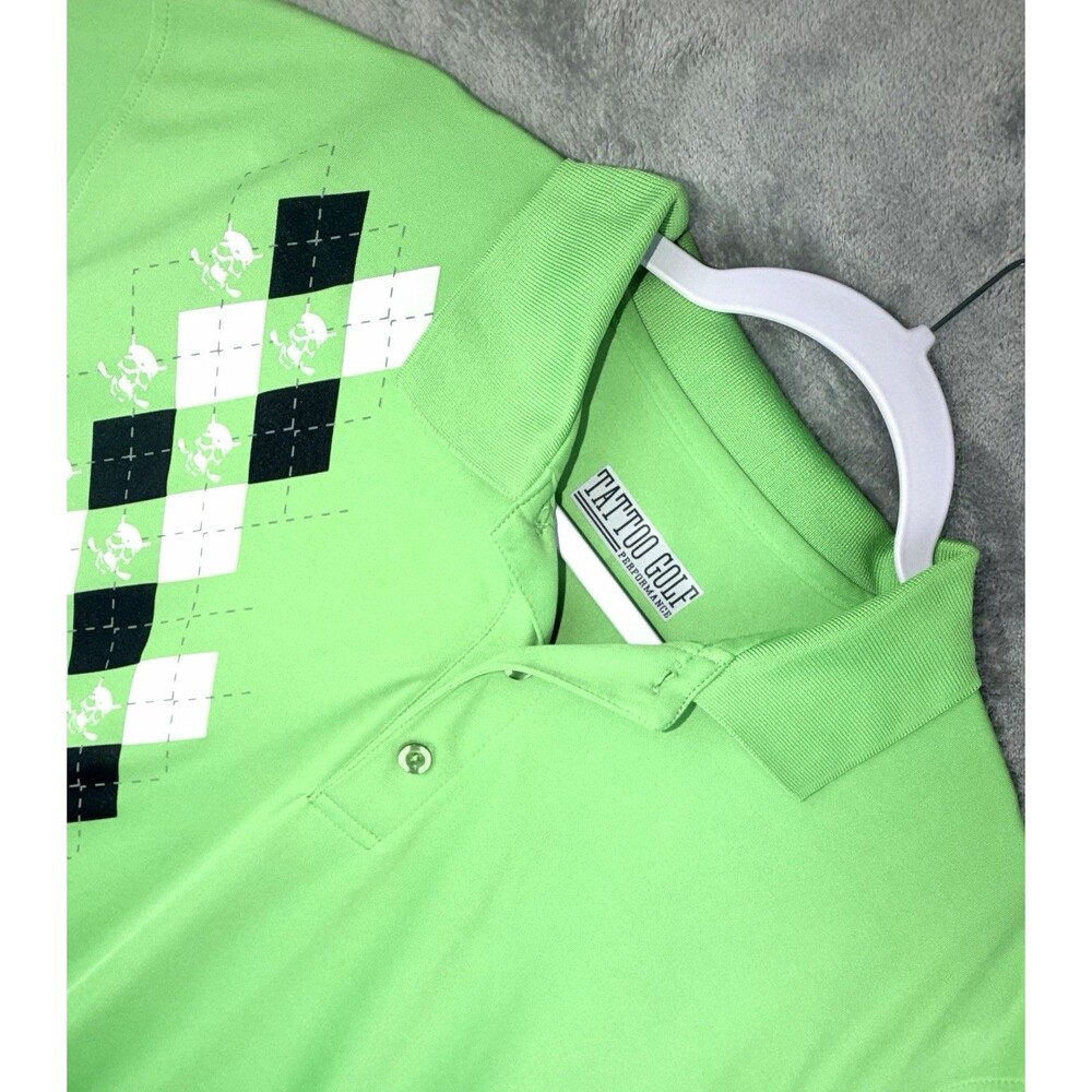 Tattoo Golf Performance Polo Men’s Size XL Neon Green Shirt Argyle Skull